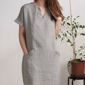 Linen midi dress. Linen dress. Washed linen dress. Soft linen V-neck dress. Washed linen dress with pockets. Linen natural dress INDUS image 6