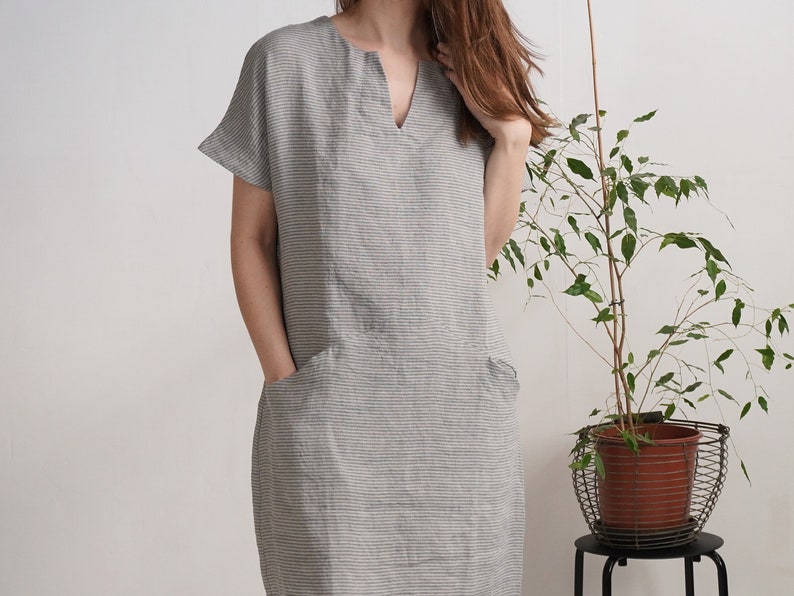 Linen midi dress. Linen dress. Washed linen dress. Soft linen V-neck dress. Washed linen dress with pockets. Linen natural dress INDUS image 6