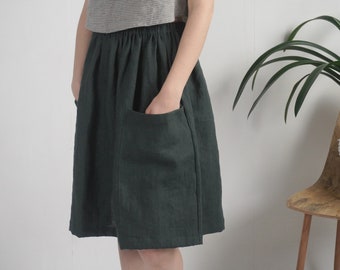 Linen skirt with pockets. Washed linen skirt. Midi Knee-length linen skirt. Aline linen flowy skirt. Natural linen skirt for women - SALWEN