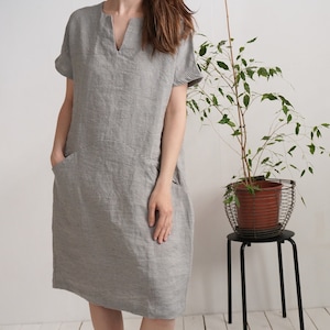 Linen midi dress. Linen dress. Washed linen dress. Soft linen V-neck dress. Washed linen dress with pockets. Linen natural dress INDUS image 2