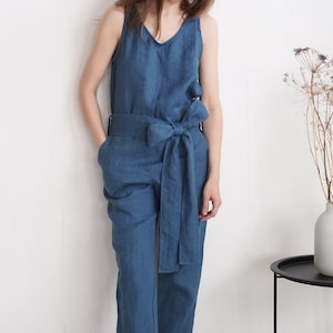 Linen jumpsuit with belt. Sleeveless linen jumpsuit. Linen romper with pockets. Linen romper with bow. Linen overall. Linen clothes-TUNGUSKA