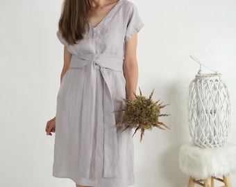 Elegant bridesmaid dress. Linen bridesmaid dress. Vneck dress with pockets. Linen oversized dress with belt. Wedding boho dress - PARAGUAY