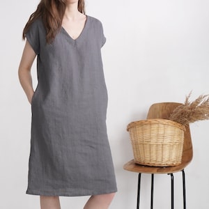 Linen v-neck dress. Womans linen dress. Short sleeve dress. V-neck dress. Womans loose linen dress. Natural linen summer dress MADEIRA image 5