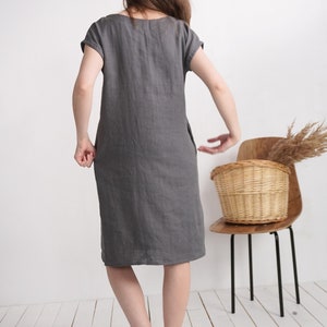 Linen v-neck dress. Womans linen dress. Short sleeve dress. V-neck dress. Womans loose linen dress. Natural linen summer dress MADEIRA image 6