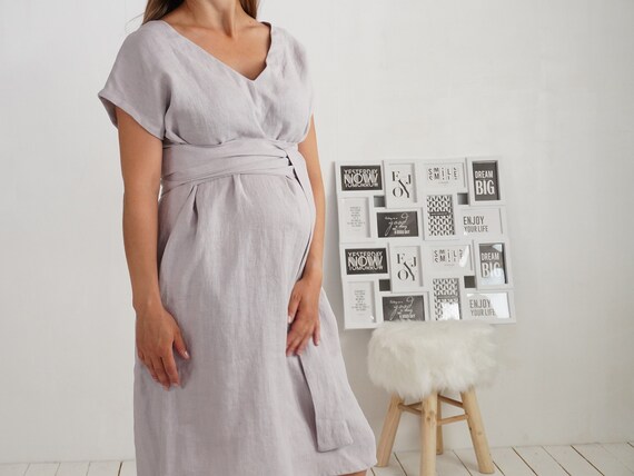 Elegant Pregnancy dress. Pregnancy photoshoot dress. Linen Maternity work dress. Linen oversized dress with belt. Maternity dress - PARAGUAY