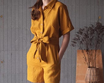 100% Linen Button-Down Short Jumpsuit, Belted Collar Romper for Women - NEVEZIS