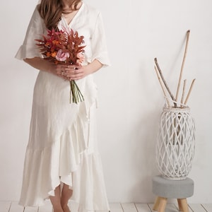 Romantic linen wedding dress. Long linen wedding dress. Romantic ruffle linen dress. Wrap wedding linen dress. Bohemian bridal gown - BRAZOS