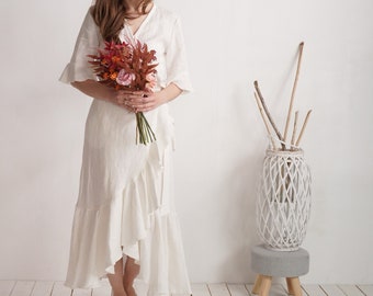 Romantic linen wedding dress. Long linen wedding dress. Romantic ruffle linen dress. Wrap wedding linen dress. Bohemian bridal gown - BRAZOS