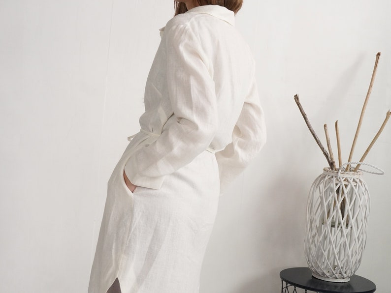 Linen long jacket. Natural linen jacket. Womens jacket. Linen cardigan. Linen cover up with belt. Natural linen jacket with pockets EMAJEGI image 7