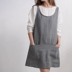 Short Linen Apron Dress. Washed Linen dress. Pinafore Dress. Oversize Linen tunic. Pinafore Linen dress. Linen romper with pockets - ALABAMA