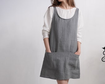 Short Linen Apron Dress. Washed Linen dress. Pinafore Dress. Oversize Linen tunic. Pinafore Linen dress. Linen romper with pockets - ALABAMA