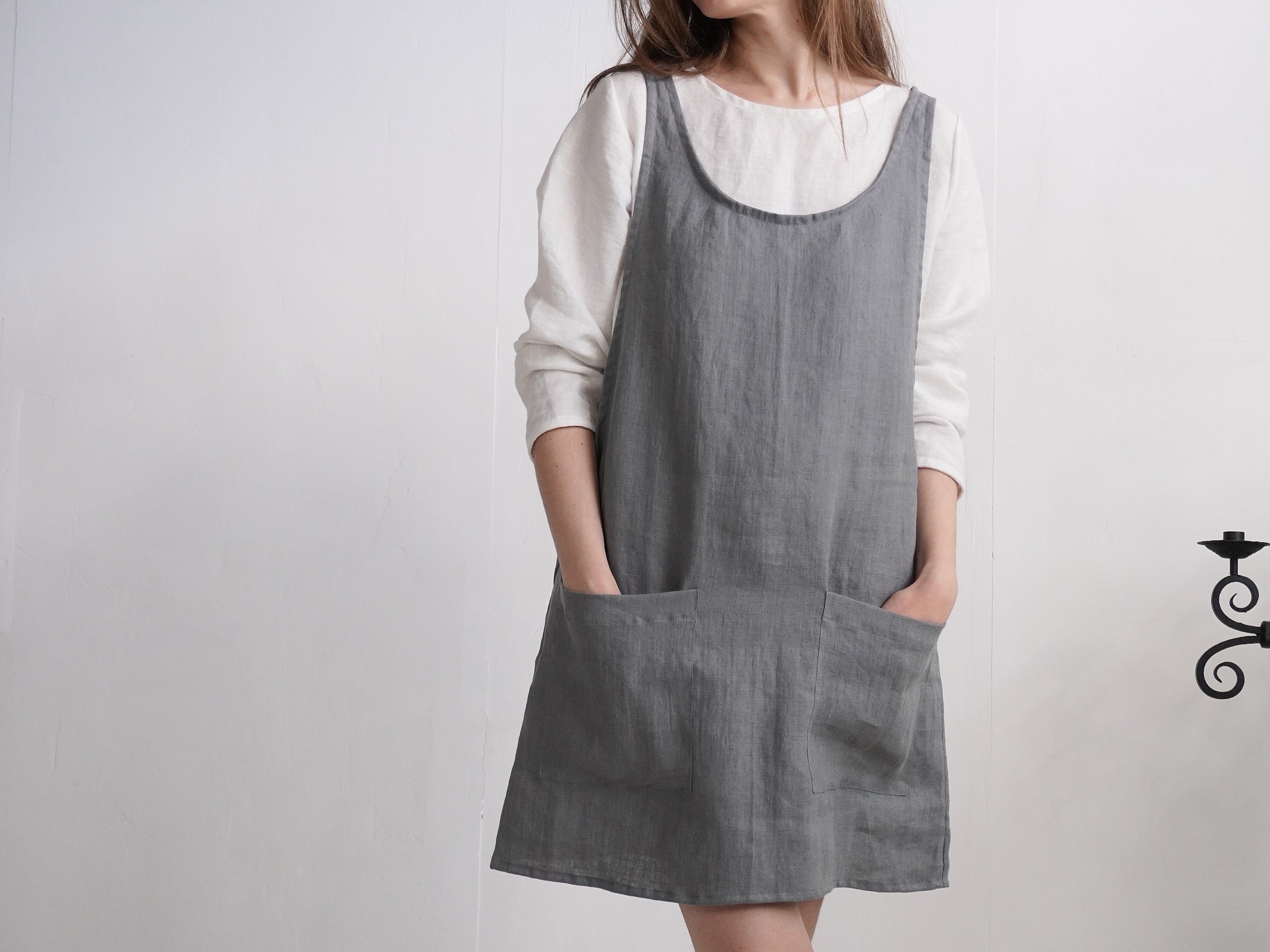 Short Linen Apron Dress. Washed Linen Dress. Pinafore Dress