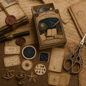 May include: A Constellation Archive collector box set featuring celestial-themed paper ephemera, including admission tickets, star charts, moon phase stickers, a compass, a sextant, a star-shaped charm, and ornate brass scissors on a vintage background.