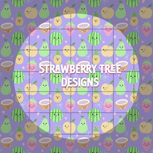 Kawaii fruit, happy fruits, seamless pattern, digital download, sublimation PNG 12” x 12”
