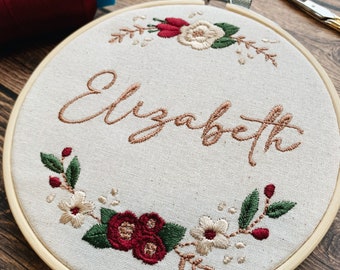 5" Custom Embroidery Hoop. Name and Floral Art, Personalized Gift