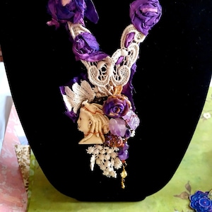 Ooak Art Statement Necklace Vintage Upcycled Lace, Silk and Chain Purple, Copper and Cream Colors