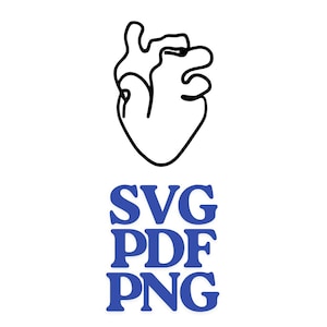 Può includere: Un disegno a tratto nero di un cuore umano su sfondo bianco. Sotto il cuore, il testo blu recita "SVG PDF PNG". L'immagine è un design digitale, probabilmente per progetti grafici.