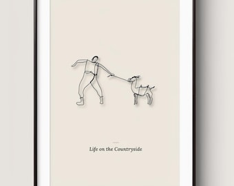 Line Art Wall Decor, Man and Donkey Wire Art Print, Countryside Farmhouse Printable Art, Rustic Minimalist Digital Download, Phone Wallpaper