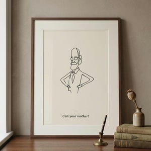 Può includere: Una stampa artistica incorniciata con un disegno a linea continua nera che raffigura una persona con occhiali e barba, con le mani sui fianchi. Sotto l'illustrazione, il testo "Call your mother!" è scritto in un semplice carattere serif nero su sfondo crema.