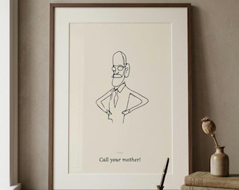 Call Your Mother! Freud Caricature Line Art Print, Funny Psychology Gift, Therapist Office Decor, Psychoanalysis Poster, Digital Download