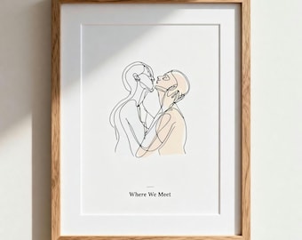 Where We Meet, Watercolor Couple Line Art Print, Colorful Romantic Wall Art, Modern Anniversary Gift, Digital Download