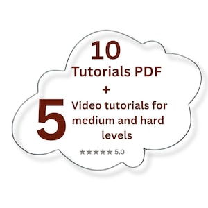 K&ouml;nnte beinhalten: Eine wolkenf&ouml;rmige Grafik mit dunkelbraunem Text, der 10 Tutorials PDF + 5 Video tutorials for medium and hard levels lautet, begleitet von einem F&uuml;nf-Sterne-Bewertungssymbol mit der Zahl 5.0 in dunkelbrauner Schrift auf wei&szlig;em Hintergrund.