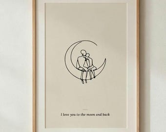 I Love You to the Moon and Back, Couple Line Art Print, Minimalist Anniversary Wall Art, Wedding Engagement Gift, Digital Download