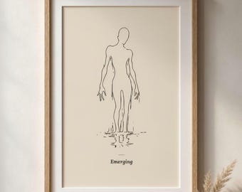 Emerging, Nude Figure Line Art Print, Minimalist Reflection Wall Art, Self Growth Bathroom Decor, Digital Download