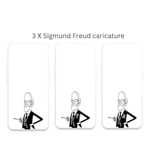 Könnte beinhalten: Drei weiße Handyhüllen mit einer schwarz-weißen Cartoon-Karikatur von Sigmund Freud. Die Karikatur zeigt Freud mit Brille, Bart und Anzug, der einen Zeiger hält. Der Text "3 X Sigmund Freud caricature" steht darüber.