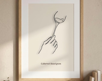 Wine Line Art Print, Cabernet Sauvignon Wall Art, Minimalist Wine Glass Poster, Printable Wine Lover Gift, Kitchen Decor, Instant Download