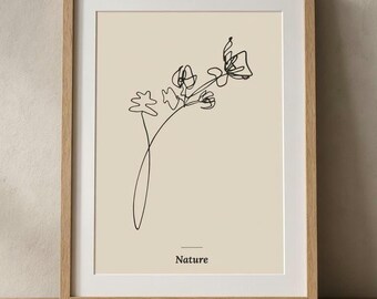 Nature, Wildflower Botanical Line Art Print, Minimalist Neutral Wall Art, Scandinavian Floral Poster, Digital Download