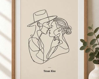Texas Kiss, Cowboy Couple Line Art Print, Western Romance Wall Art, Rustic Wild West Poster, Digital Download