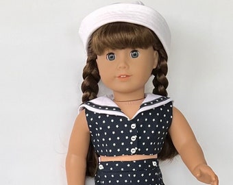 18" doll navy star print crop top with white collar, capri pants and white sailor hat