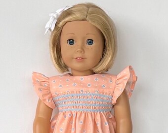 18" doll light peach dress with blue trim