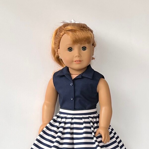 18" doll navy and white striped pleated skirt and navy sleeveless blouse