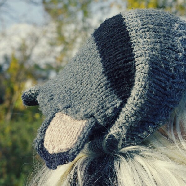 RACOON coon ears kawaii beanie mori hand knitted knit wool unisex soft GREY and BLACK stripe bear