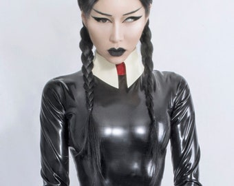 KOTODAMA Leotard Bodysuit – Black latex leotard with white collar, cuffs and red detail