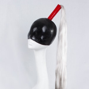 EGO Hood – Black latex elegant mask and hood with Red holder & White ponytail with Black ombre tip