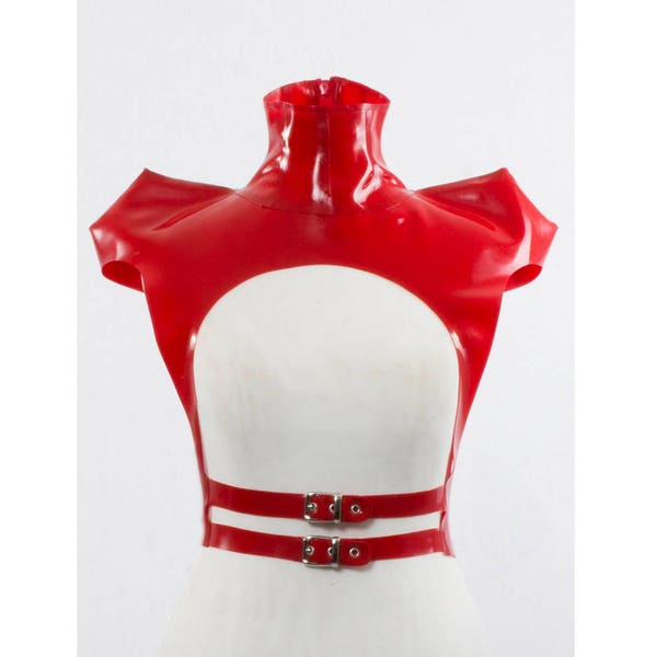 ARMA Harness – Red latex harness with buckles and sculpted 3D shoulders