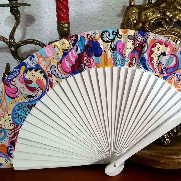 Hand painted fan, White folding fan, Fantasy design, Spanish fan, Free shipping to USA.