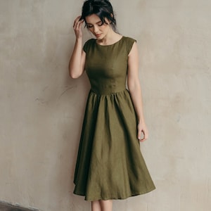 Midi Linen Dress Linen Bridesmaid Dress Skater Dress Linen Fit and Flare Dress Elopement Dress Midi Retro Cocktail Dress image 2