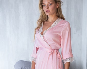 Bridal Robe - Long Bridesmaid Robe - Long Dressing Gown - Bridesmaid Gift - Pink Dressing Gown - Kimono Robe - Wedding Robe - Pink Lace Robe