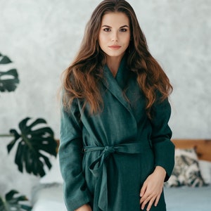 Linen Robe for Women Natural Linen Dressing Gown Bathrobe Green Forest