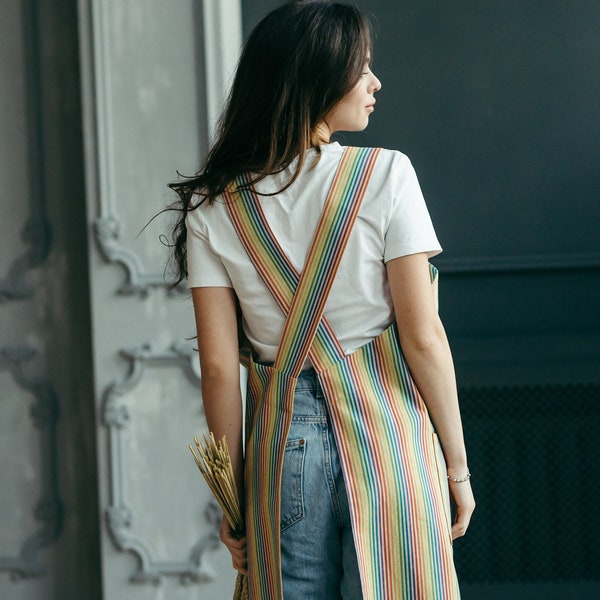 Linen Crossback Apron - Rainbow Apron - Check Pinafore Apron - Japanese Apron for Women - Natural Linen Aprons - Aprons for Women