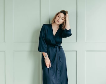 Satin Long Robe - Long Bridesmaid Robes - Long Bridal Robe - Wedding Robe Navy - Kimono Dressing Gown - Gift for Wife - Plus Size Robe