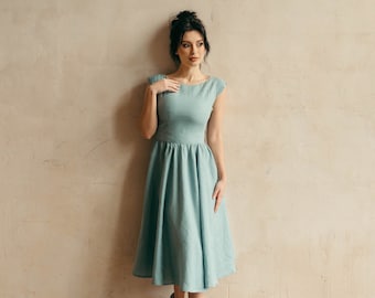 Midi Linen Dress, Skater Linen Dress, Fit and Flare Linen Dress, A Line Summer Dress, Simple Linen Dress, Cocktail Dress