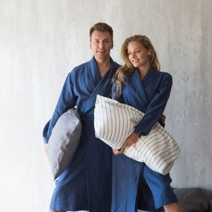 Men&#39;s Robe - Linen Robe with Pockets - Women&#39;s Robe - Linen Dressing Gown - Linen Bathrobe - Housewarming Gift for Couple - Eco Friendly