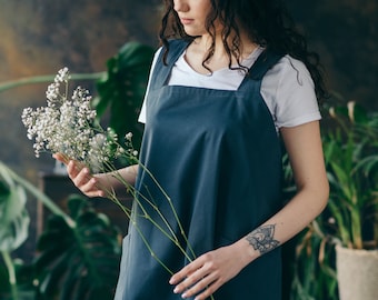 Pinafore Apron for Women - Long Cotton Apron - Ladies Cotton Pinafore - Japanese Apron - Work Apron with Pockets - Cross Back Apron