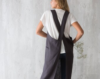 Cross Back Apron - Japanese Apron - Pure Linen Pinafore Apron - Artist Smock