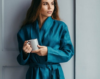 Linen Robe for Women - Linen Dressing Gown - Linen Kimono - Bathrobe for Women - Gift for Women - Black Robe - Wedding Robe Gift